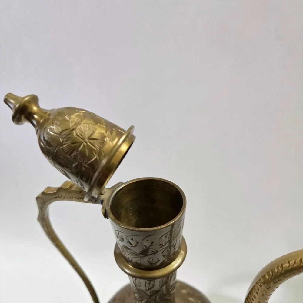 Beautiful Vintage 60s Aftaba Ewer Indian Brass Tea coffee Pot Signed Hand carved
